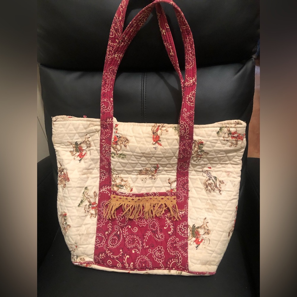 7837 PURSE OR TOTE by Ten Bears Red Cream Pasiley Cowboy Fringe Quilted Bag